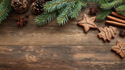 Festive Christmas Arrangement: Christmas ambiance created with evergreen branches, star anise, cinnamon sticks, and gingerbread cookies, all set on a rustic wooden surface