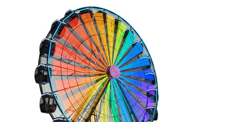Colorful ferris wheel isolated on white background, illuminated with vibrant rainbow hues, creating a captivating and joyful spectacle against the clear sky