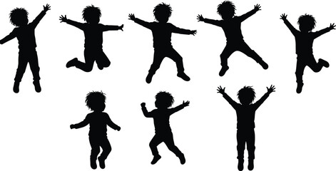 Energetic children silhouettes jumping in playful poses, happy kids group activity, childhood fun, dynamic motion, joyful lifestyle, active youth illustration