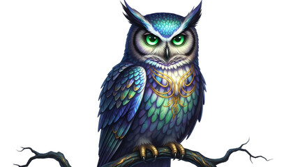 Illustration of a majestic owl perched on a branch, showcasing vibrant blue and green plumage with intricate details, isolated on white background