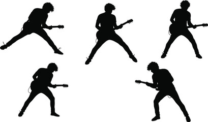 Obraz premium Energetic rock guitarist silhouette performing live concert poses with electric guitar, dynamic stage movement, music performance illustration for creative vector design