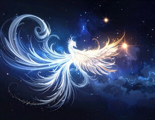 Majestic Luminous Phoenix Ascending Through a Cosmic Starry Night Sky.