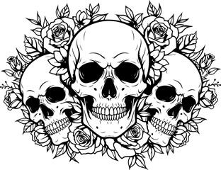 Skull Silhouette with Roses and Flowers in Gothic Tattoo Style