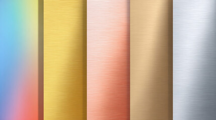 collection of brushed metal textures displayed side by side in different finishes and colors, including rainbow gradient, gold, copper, bronze, and silver. Each strip shows the unique surface detail a