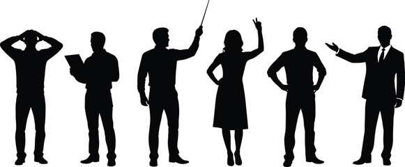 Silhouette people gestures, body language illustration, presentation poses, confident stance, teaching action, communication concept, expressive figures, black silhouette icons, human posture set
