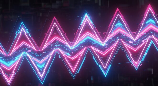 A vibrant digital waveform pulses with neon pink and blue energy, creating a mesmerizing zigzag pattern against a dark, textured background.