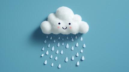 Cute cloud character with smiling face raining on a blue background