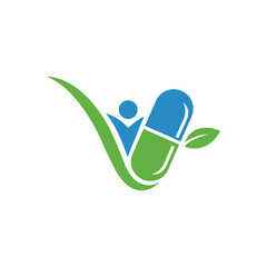 Vector art of medical capsule with human figure and leaf