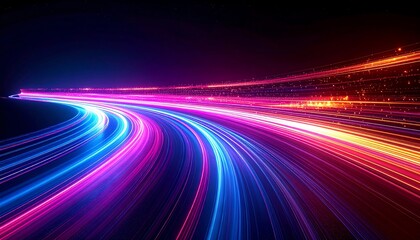 Abstract vibrant trails of light curve across a dark background, showcasing speed and energy in a futuristic display