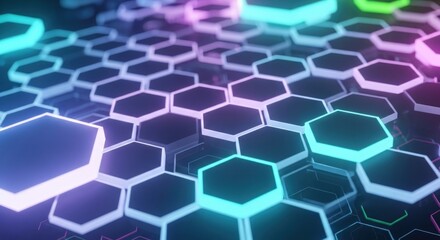 Abstract hexagonal grid with glowing neon lights in shades of blue, purple, and green, creating a futuristic digital background.