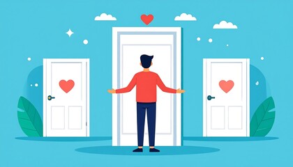 Person facing three doors, each with a heart