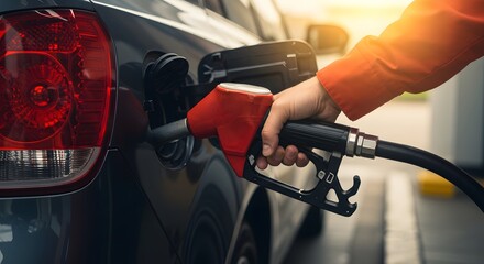 Close-up of Hand Pumping Red Fuel Nozzle into Car Tank at Gas Station for Energy and Long Distance Journey.