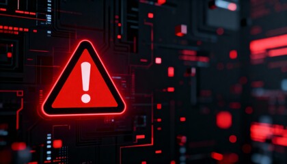 A virus alert warning displayed on a digital screen with red danger symbols and glitch effects, in a futuristic environment