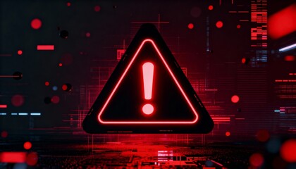 A virus alert warning displayed on a digital screen with red danger symbols and glitch effects, in a futuristic environment