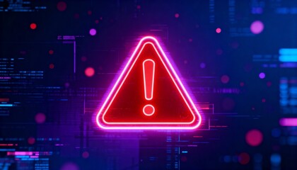 A virus alert warning displayed on a digital screen with red danger symbols and glitch effects, in a futuristic environment