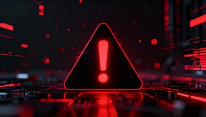 A virus alert warning displayed on a digital screen with red danger symbols and glitch effects, in a futuristic environment