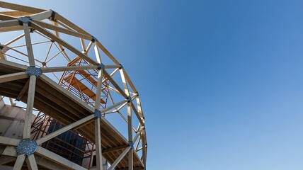 Wooden framework of modern architectural design against vibrant blue sky backdrop
