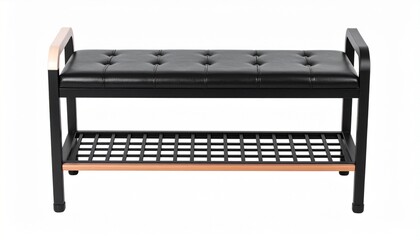 Black Leather Shoe Bench with Wooden Accents and Metal Frame