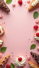 A pink background with a border of pastries and raspberries.