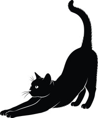 Black cat silhouette vector illustration stretching with raised tail on white background