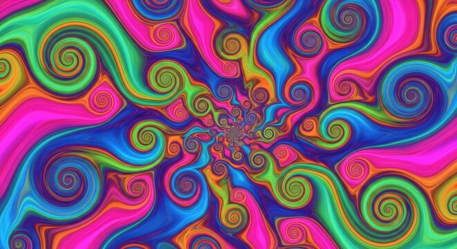 A vibrant and psychedelic abstract pattern with swirling colors and hypnotic spirals.