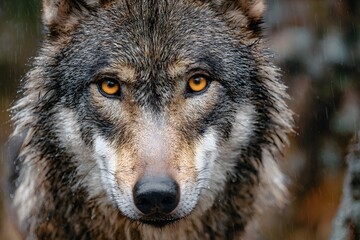 A focused wet wolf stares directly ahead during rainfall in a forest, its fur soaked and eyes glowing with intensity.
