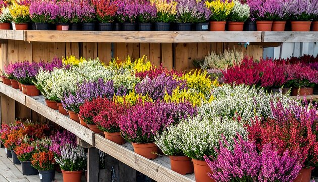 Colorful potted heather plants displayed on wooden shelves