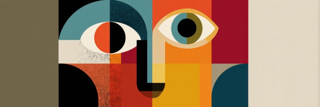 Abstract Art Featuring Bold Colors and Geometric Shapes With a Focus on Eyes and Facial Features in a Modern Design - Powered by Adobe