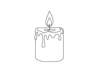 Continuous one line drawing of a burning candle with dripping wax melting, depicting the mysterious atmosphere of Halloween night. Line art style vector illustration.
