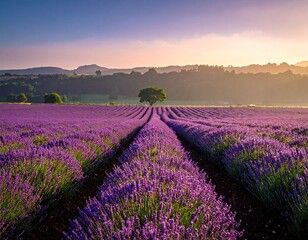 Naklejka premium Lavender Field at Sunrise with Single Tree