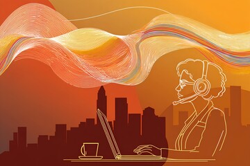 Technologically connected young woman working from a modern office, headset on and laptop in front, urban skyline behind her.
