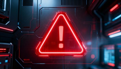 A virus alert warning displayed on a digital screen with red danger symbols and glitch effects, in a futuristic environment	