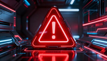 A virus alert warning displayed on a digital screen with red danger symbols and glitch effects, in a futuristic environment	