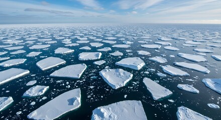 Aerial Arctic View of Jagged Ice Floes Floating on Deep Blue, Frozen Waters