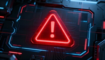 A virus alert warning displayed on a digital screen with red danger symbols and glitch effects, in a futuristic environment	