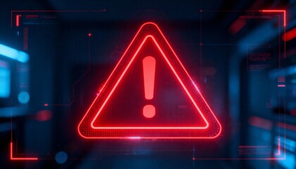 A virus alert warning displayed on a digital screen with red danger symbols and glitch effects, in a futuristic environment	