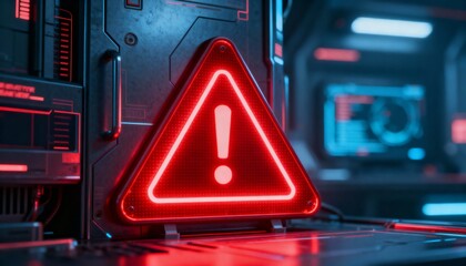 A virus alert warning displayed on a digital screen with red danger symbols and glitch effects, in a futuristic environment	