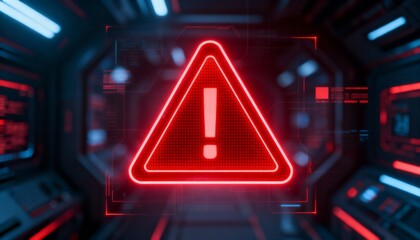 A virus alert warning displayed on a digital screen with red danger symbols and glitch effects, in a futuristic environment	