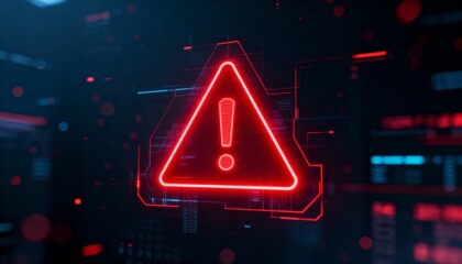 A virus alert warning displayed on a digital screen with red danger symbols and glitch effects, in a futuristic environment	