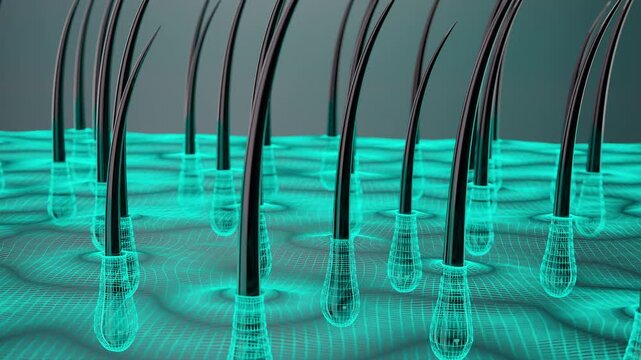 Realistic 3D animation of hair follicles and scalp structure. Ideal for explaining hair growth, scalp treatment, and cosmetic or medical product visuals.