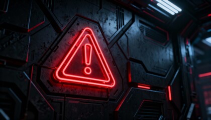 A virus alert warning displayed on a digital screen with red danger symbols and glitch effects, in a futuristic environment	