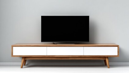A modern, light-toned wooden entertainment center displays a large, blank television screen against a neutral-colored wall.