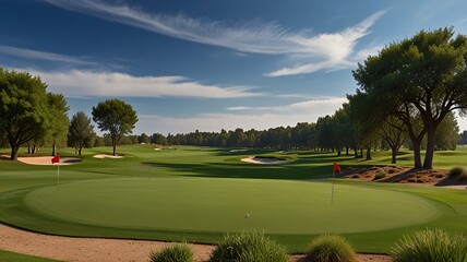 Scenic Golf Course with Lush Fairway and Red Flag in Sunlight V4