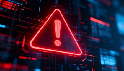 A virus alert warning displayed on a digital screen with red danger symbols and glitch effects, in a futuristic environment	