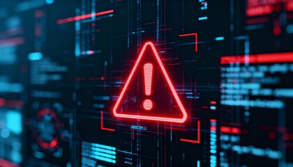 A virus alert warning displayed on a digital screen with red danger symbols and glitch effects, in a futuristic environment	