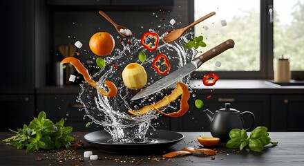 Sliced Lemon, Flying Chilies, and Herbs Energize a Dark, Modern Kitchen Setting