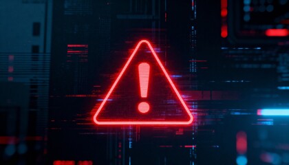 A virus alert warning displayed on a digital screen with red danger symbols and glitch effects, in a futuristic environment	