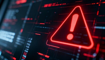 A virus alert warning displayed on a digital screen with red danger symbols and glitch effects, in a futuristic environment	