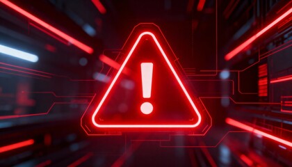 A virus alert warning displayed on a digital screen with red danger symbols and glitch effects, in a futuristic environment	