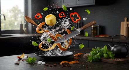 Dynamic Kitchen Scene Showcases Fresh Ingredients in Action Amid Culinary Tools and Herbs